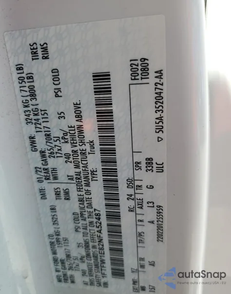 2022 Ford F150 Supercrew из США, поврежденный, VIN 1FTFW1E82NFA52487